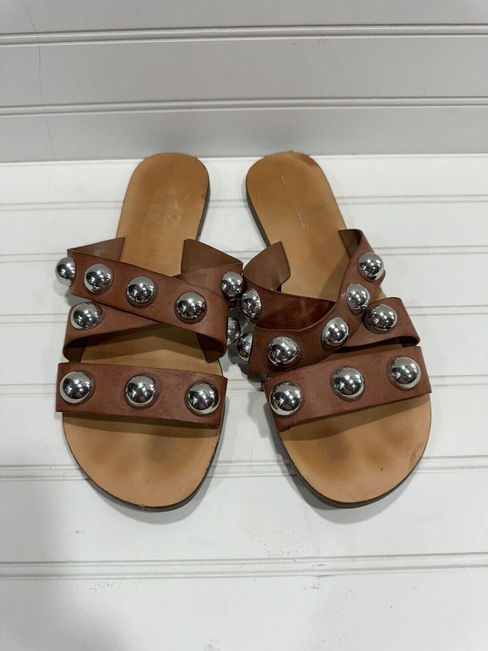 Marc Fisher Bryte II Tan/Silver Studded Slide Sandals Size 9.5